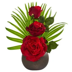 14" Elegant Rose Artificial Arrangement in Stone Brown Vase