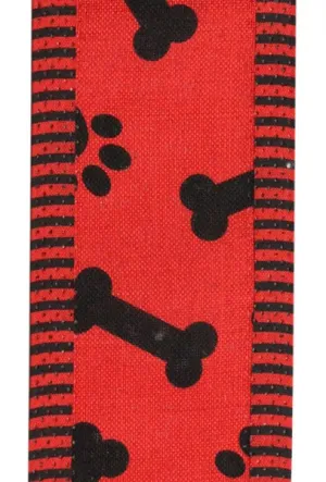 1.5"x10yd Paw Prints And Bones w/Thin Stripe On Royal Burlap, Red/Black  AP28