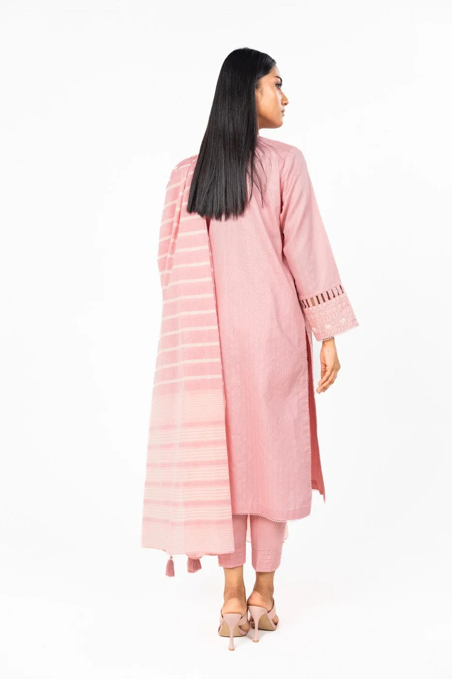 3 Pc Dyed Embroidered Dobby Suit With  Yarn Dyed Dupatta