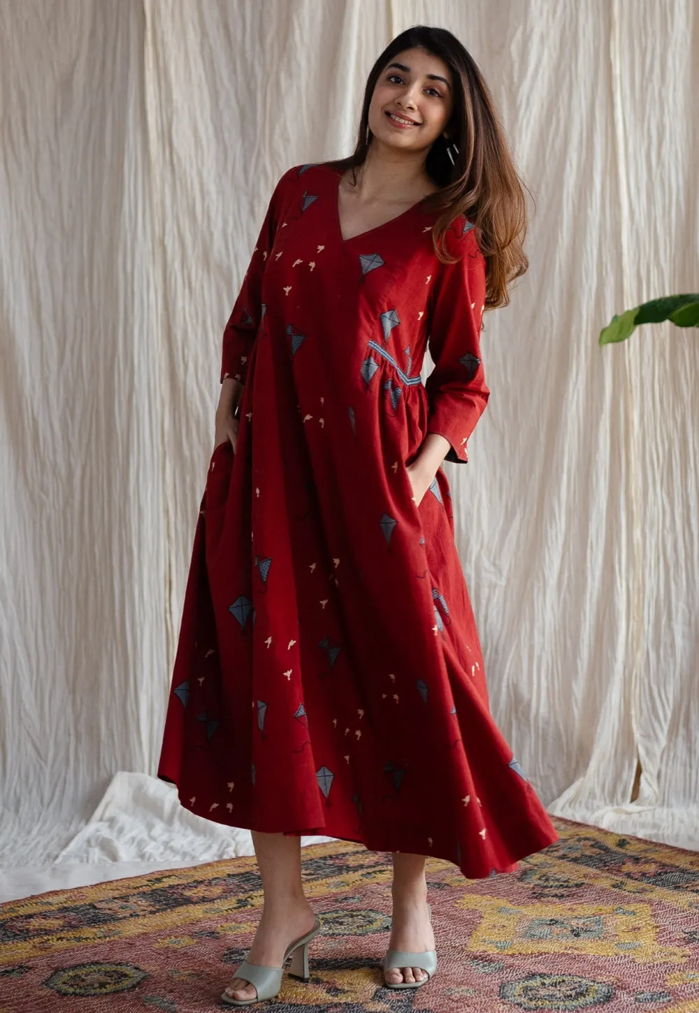 Amdavad Patang Ajrakh Red Cotton Hand Embroidered Dress