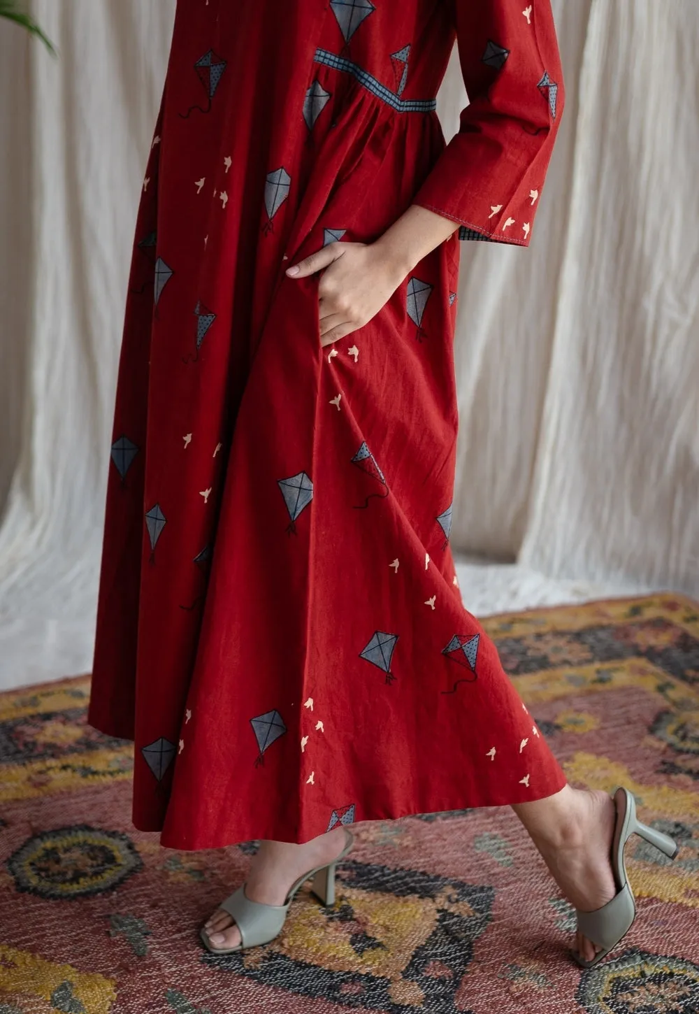 Amdavad Patang Ajrakh Red Cotton Hand Embroidered Dress