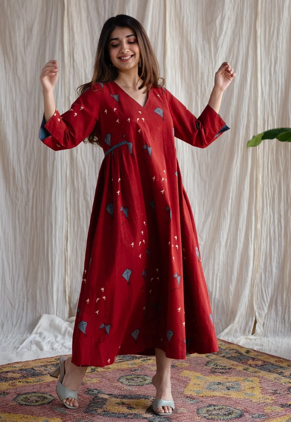 Amdavad Patang Ajrakh Red Cotton Hand Embroidered Dress