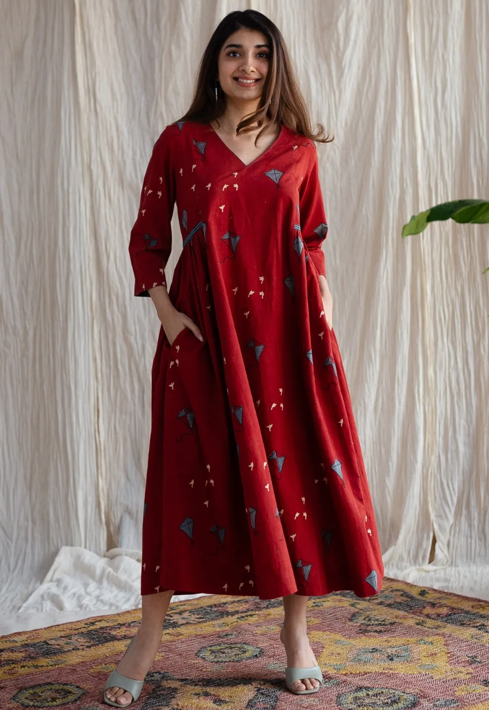 Amdavad Patang Ajrakh Red Cotton Hand Embroidered Dress