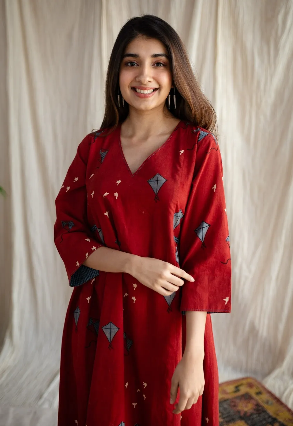 Amdavad Patang Ajrakh Red Cotton Hand Embroidered Dress