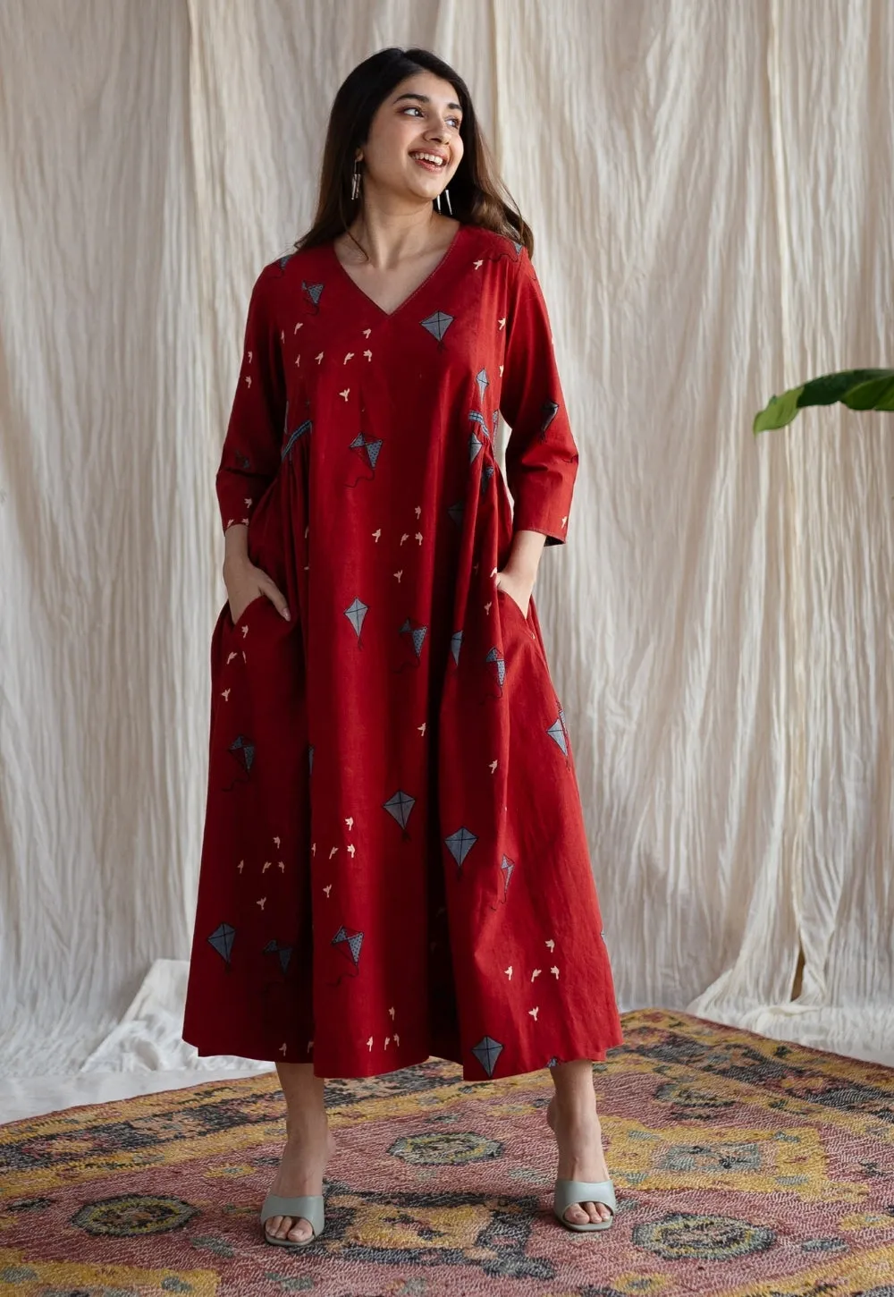 Amdavad Patang Ajrakh Red Cotton Hand Embroidered Dress