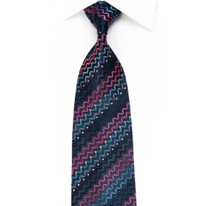 Armarichi Men's Crystal Silk Necktie Pink Blue Chevron Stripes On Navy With Silver Sparkles