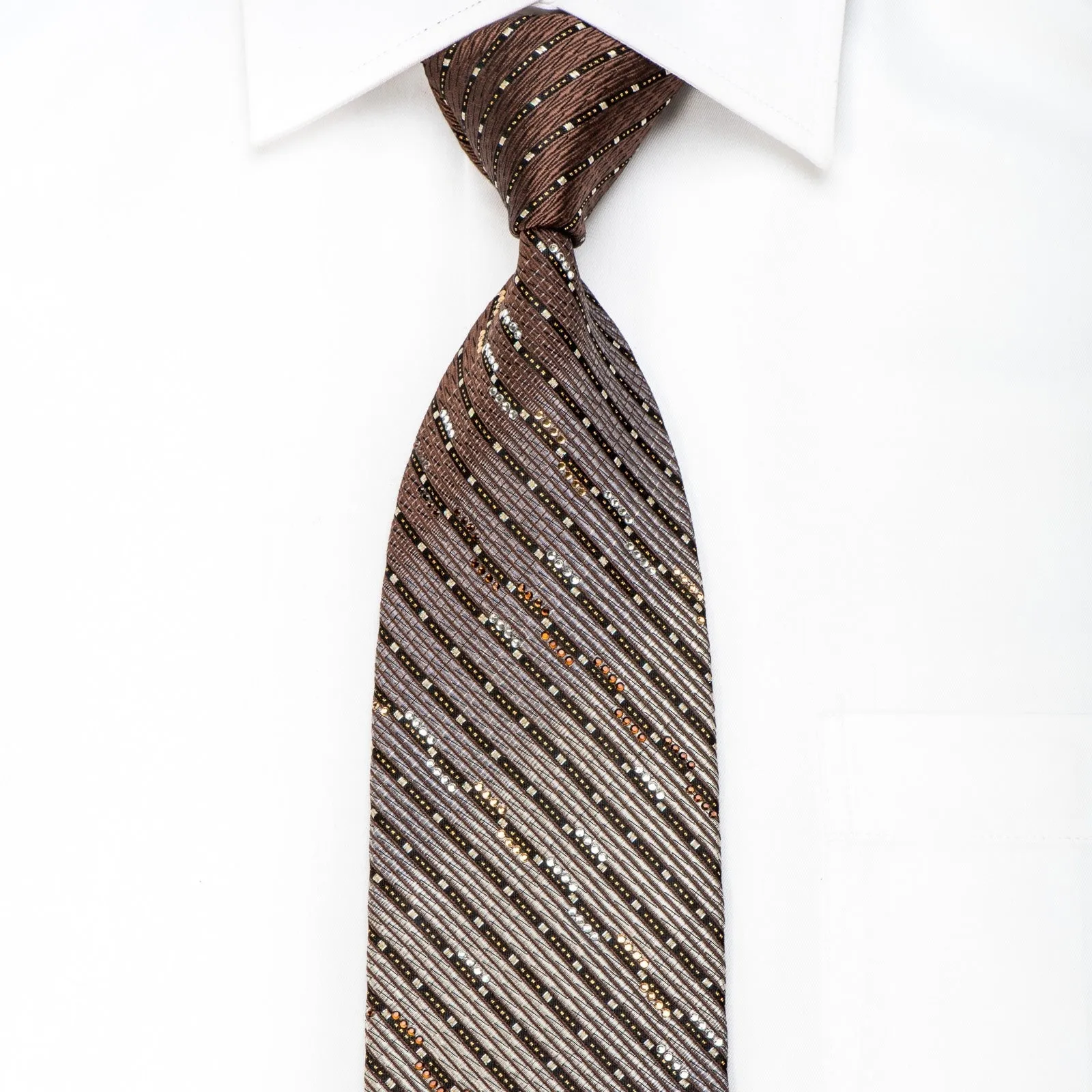 Avalon Men's Crystal Silk Necktie Silver Stripes On Brown With Gold Sparkles