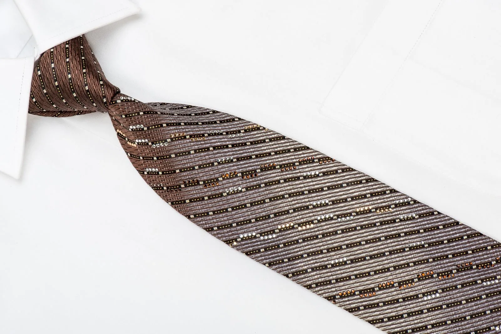 Avalon Men's Crystal Silk Necktie Silver Stripes On Brown With Gold Sparkles