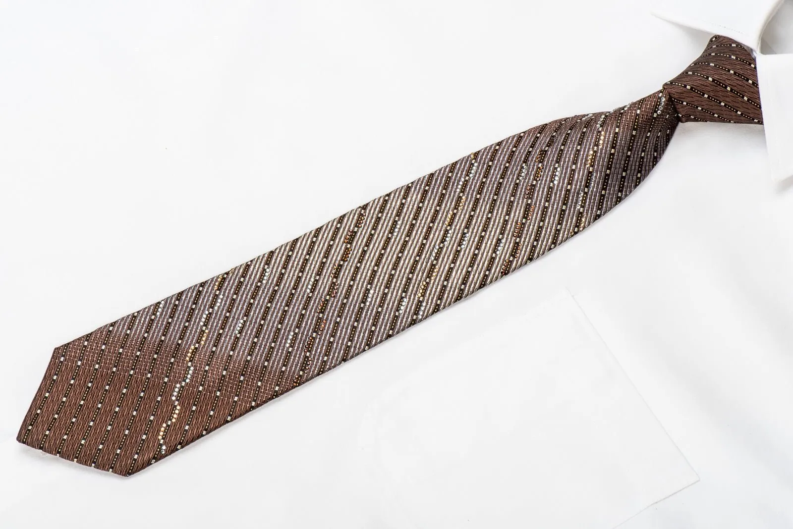 Avalon Men's Crystal Silk Necktie Silver Stripes On Brown With Gold Sparkles