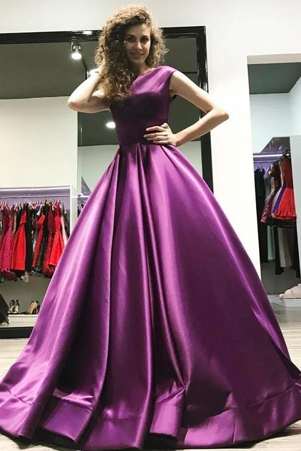 Ball Gown V-Neck Sweep Train Satin Sleeveless Backless Prom Dress PG482