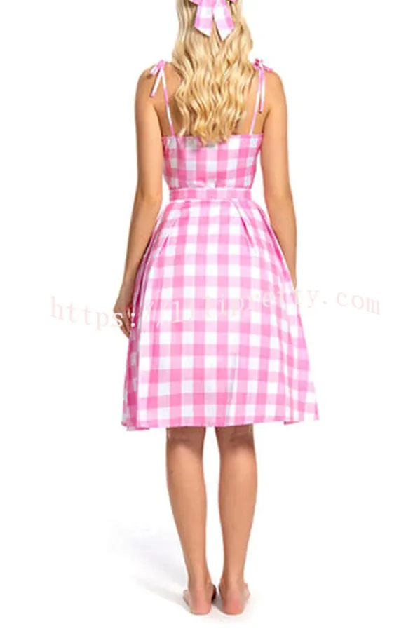 Barbie Pink Plaid Printed Cami Midi Dress