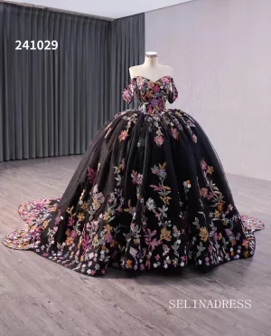 Black Floral Wedding Dress Off the Shoulder Quinceanera Dress 241029