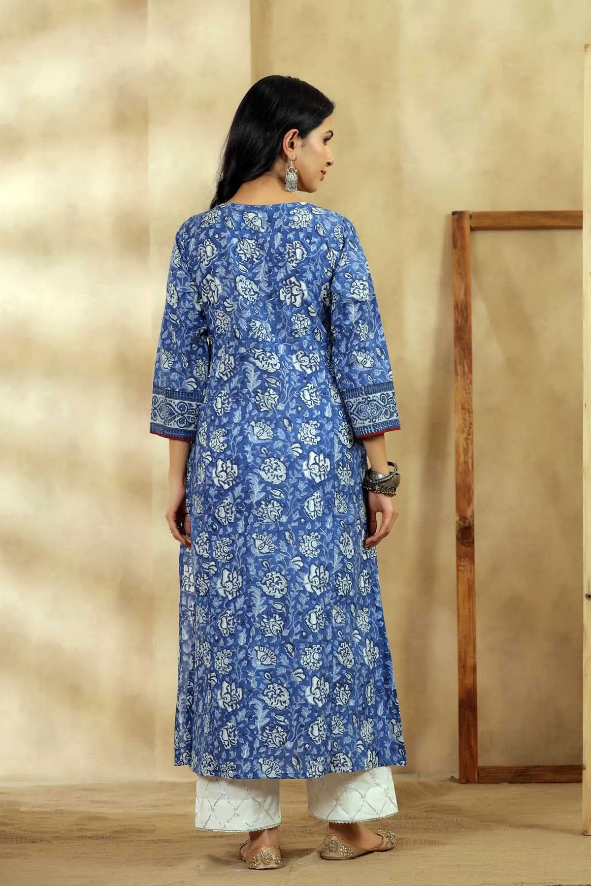 Blue A-Line Kurta In Handblock Cotton