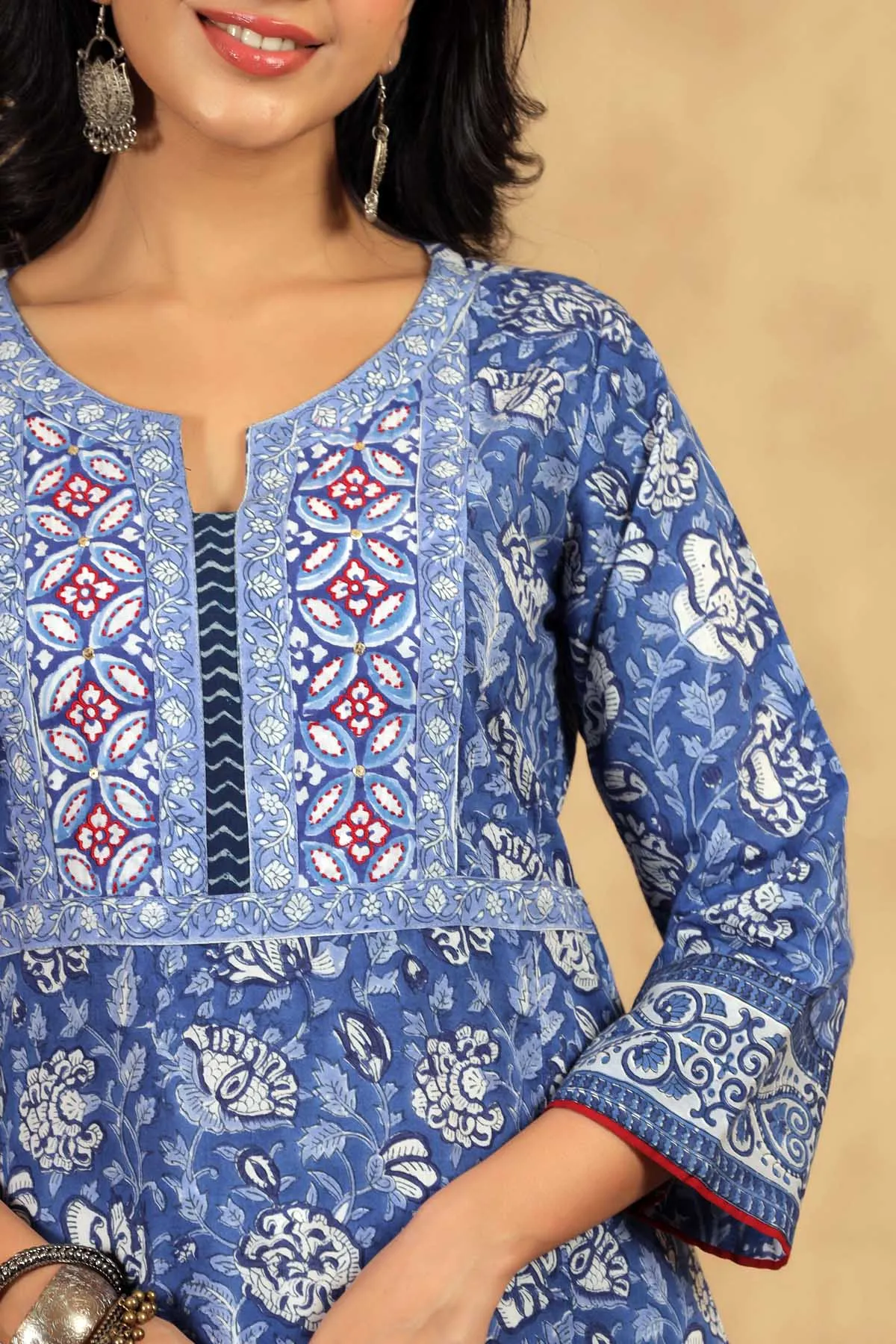 Blue A-Line Kurta In Handblock Cotton