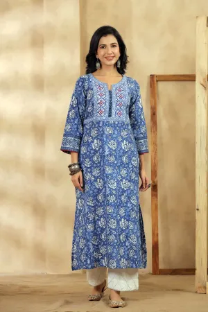 Blue A-Line Kurta In Handblock Cotton