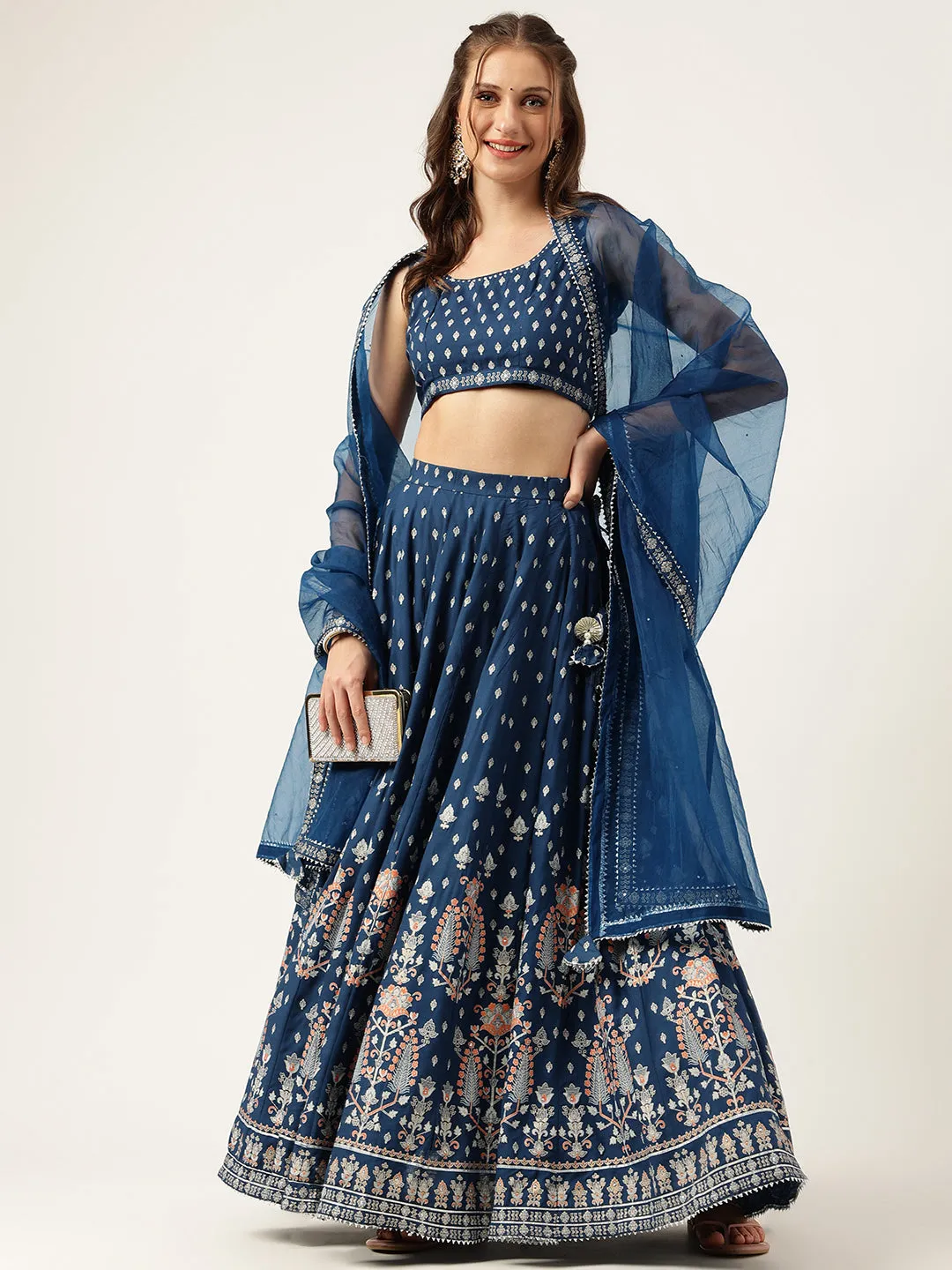 Blue Rayon Flared Lehenga Choli Set With Organza Dupatta