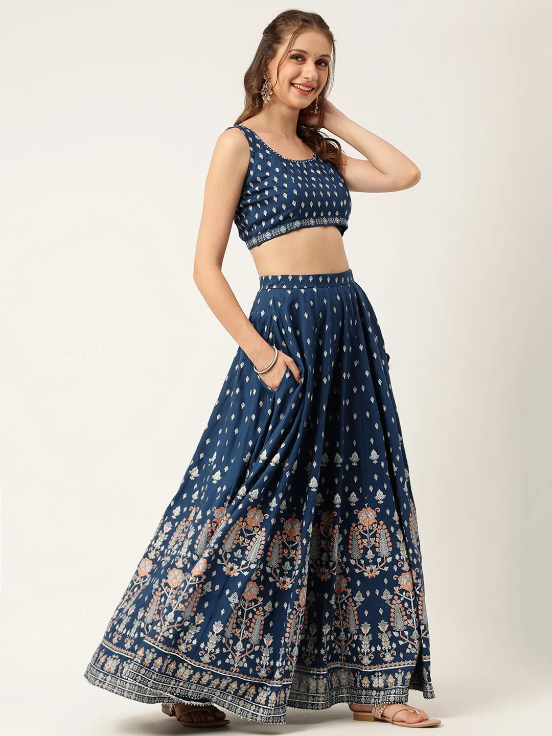 Blue Rayon Flared Lehenga Choli Set With Organza Dupatta