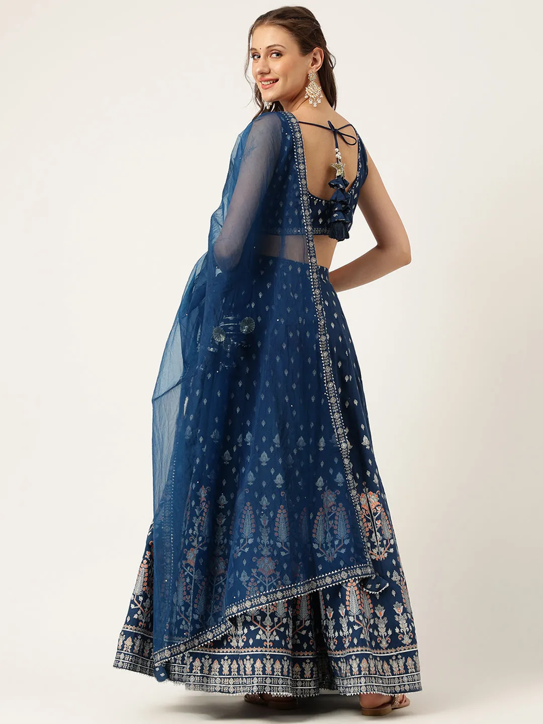 Blue Rayon Flared Lehenga Choli Set With Organza Dupatta