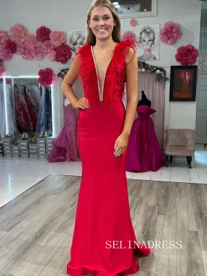 Chic Mermaid V neck Beaded Long Prom Dresses Feather Evening Dress #TKL208