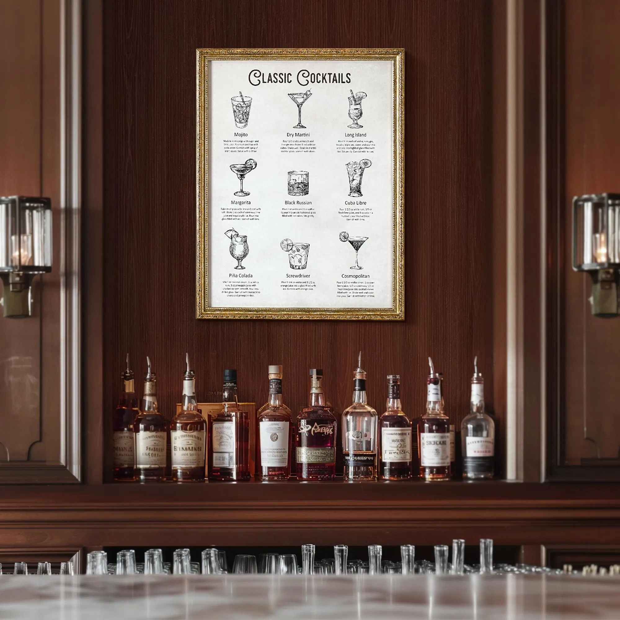 Classic Cocktails Printed Glass Framed Wall Decor