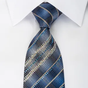 Daks Rhinestone Silk Necktie Golden Stripes On Blue With Gold Sparkles