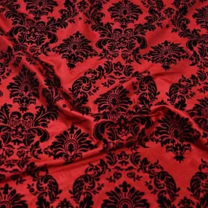 Damask Flocking Taffeta Wholesale Fabric in Black on Red