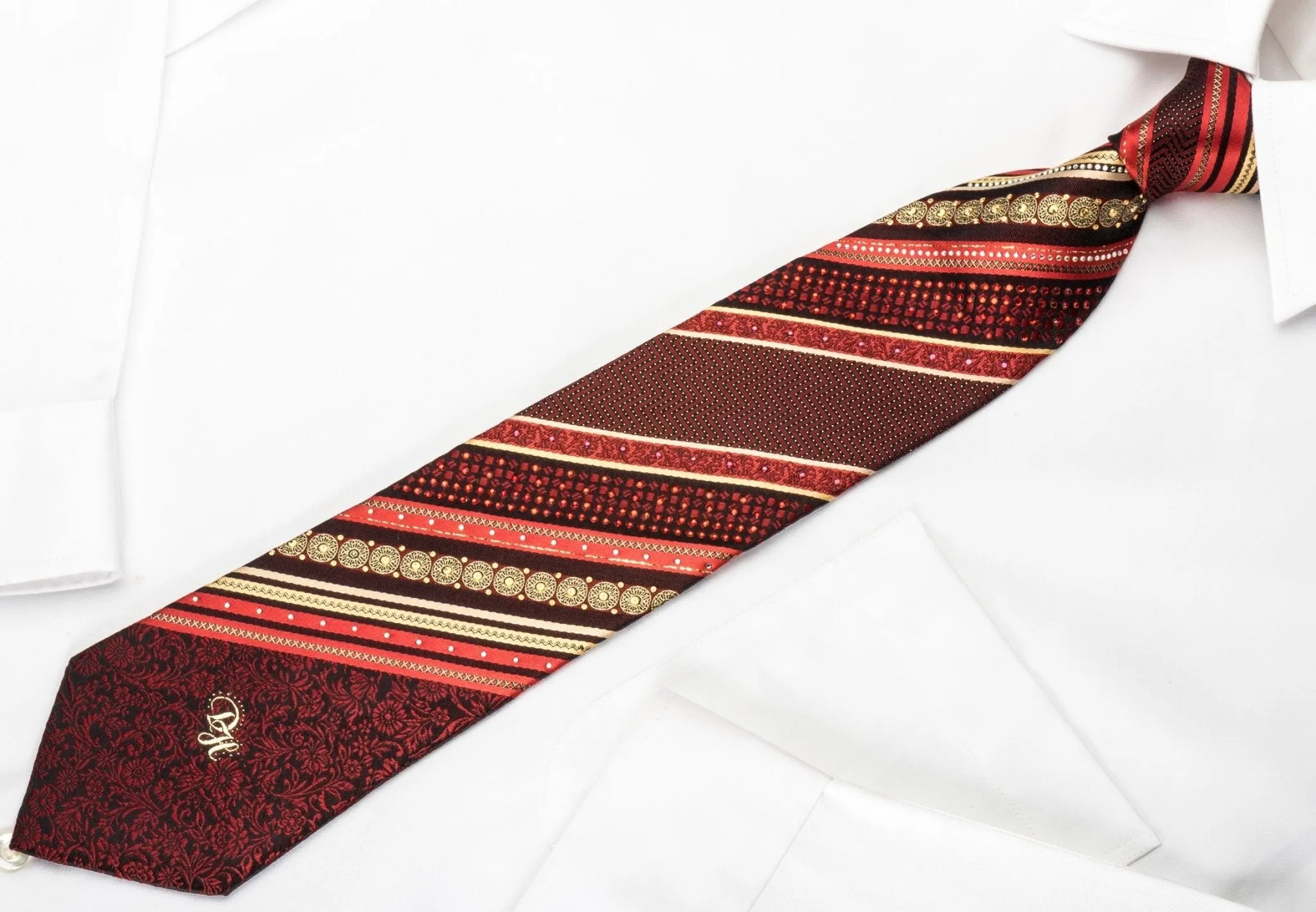 Daniel Hechter Silk Rhinestone Necktie Orange Stripes On Brown With Sparkles