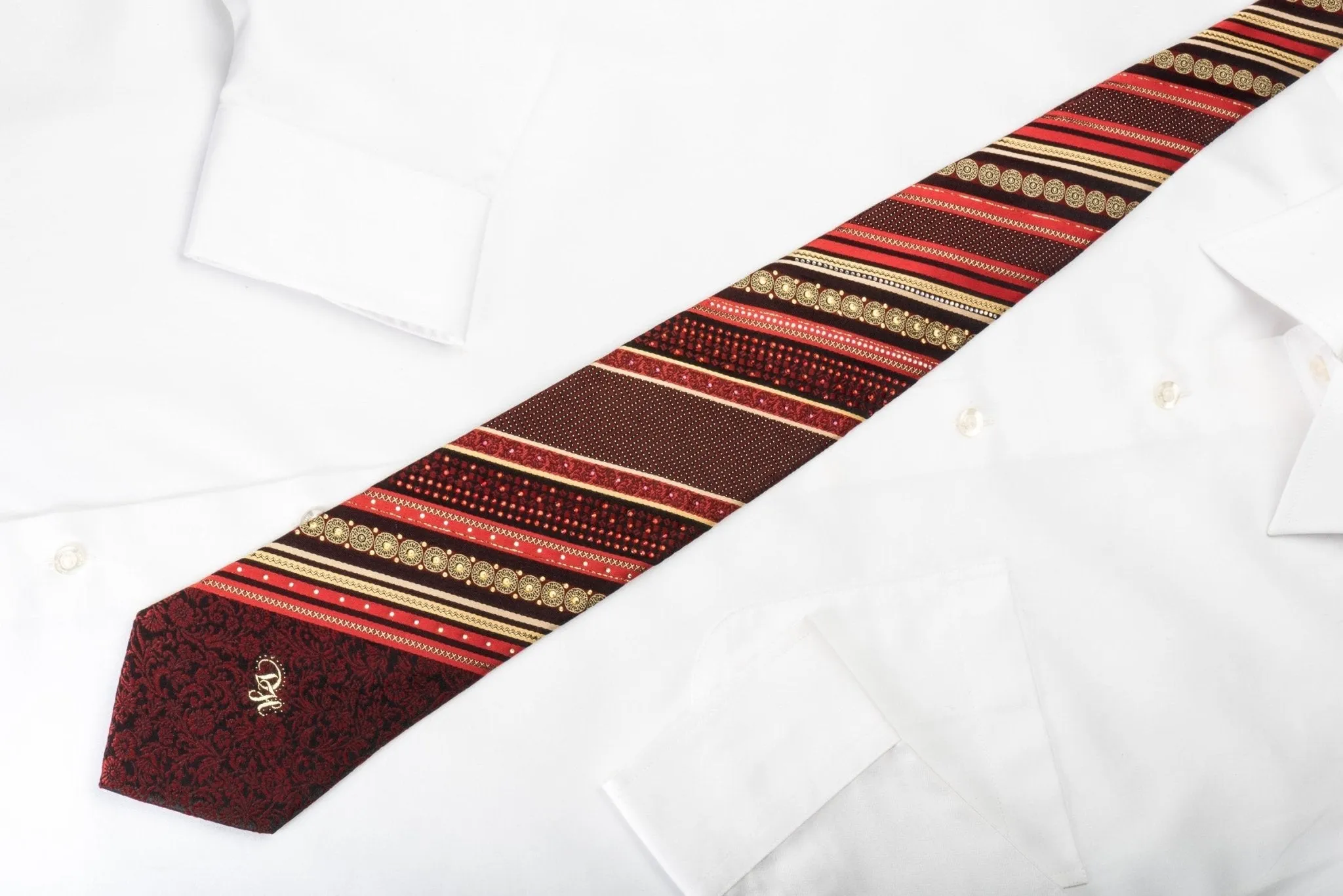 Daniel Hechter Silk Rhinestone Necktie Orange Stripes On Brown With Sparkles