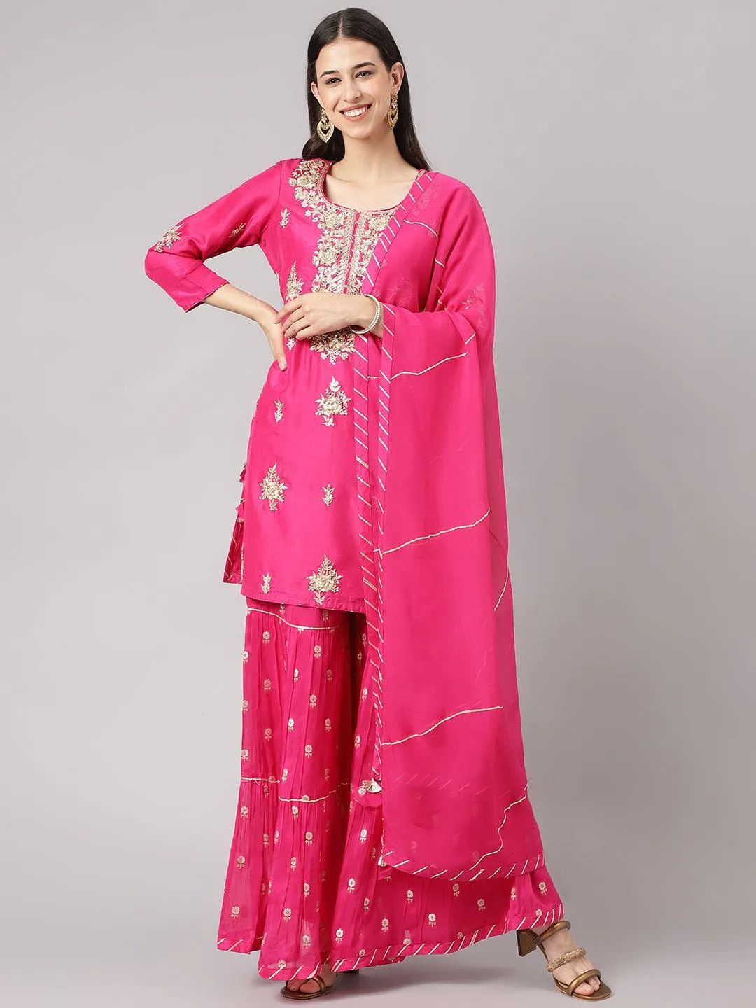 Dark Pink Russian Silk Hand Embroidery Kurta Sharara With Organza Dupatta