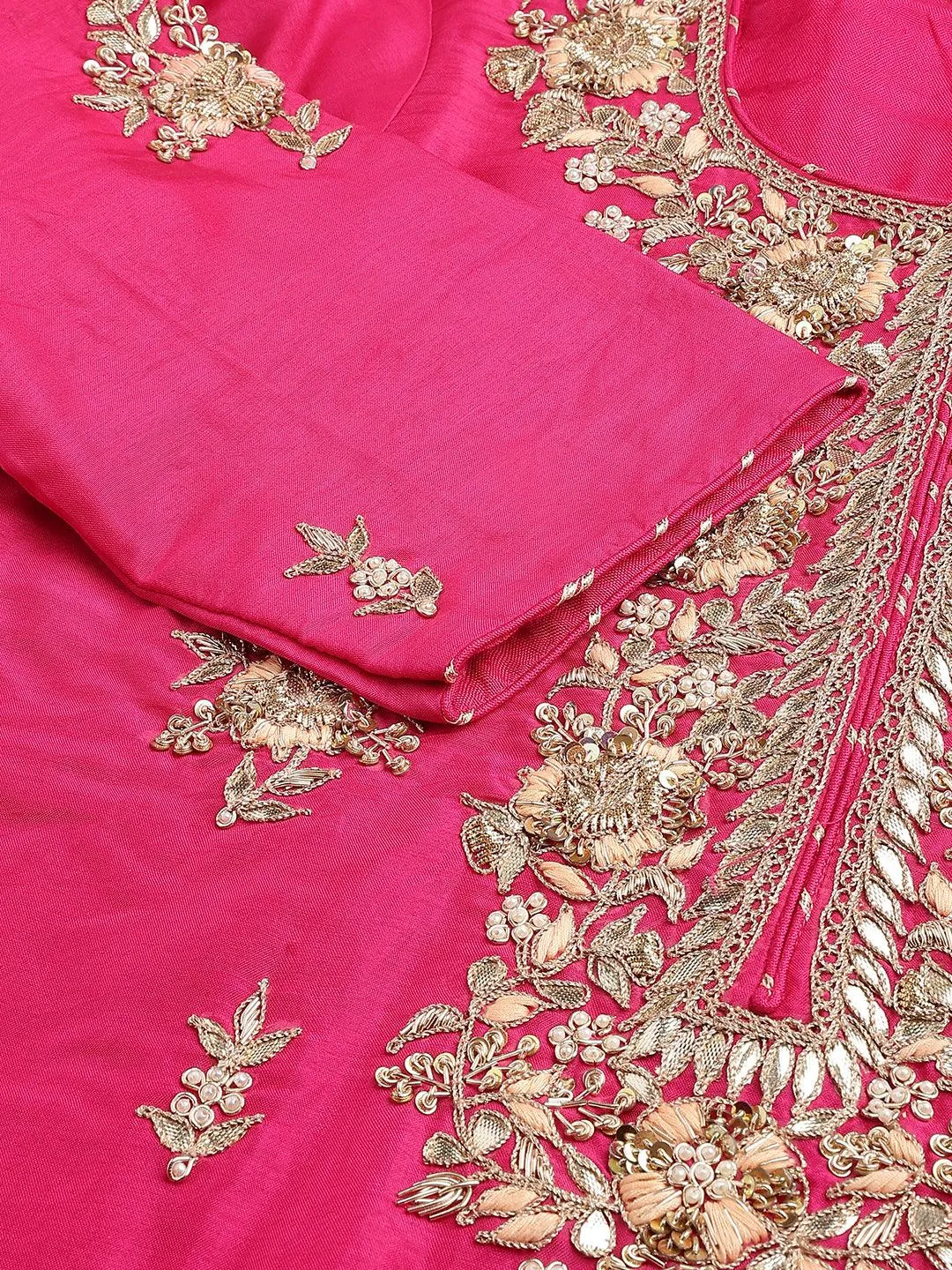 Dark Pink Russian Silk Hand Embroidery Kurta Sharara With Organza Dupatta