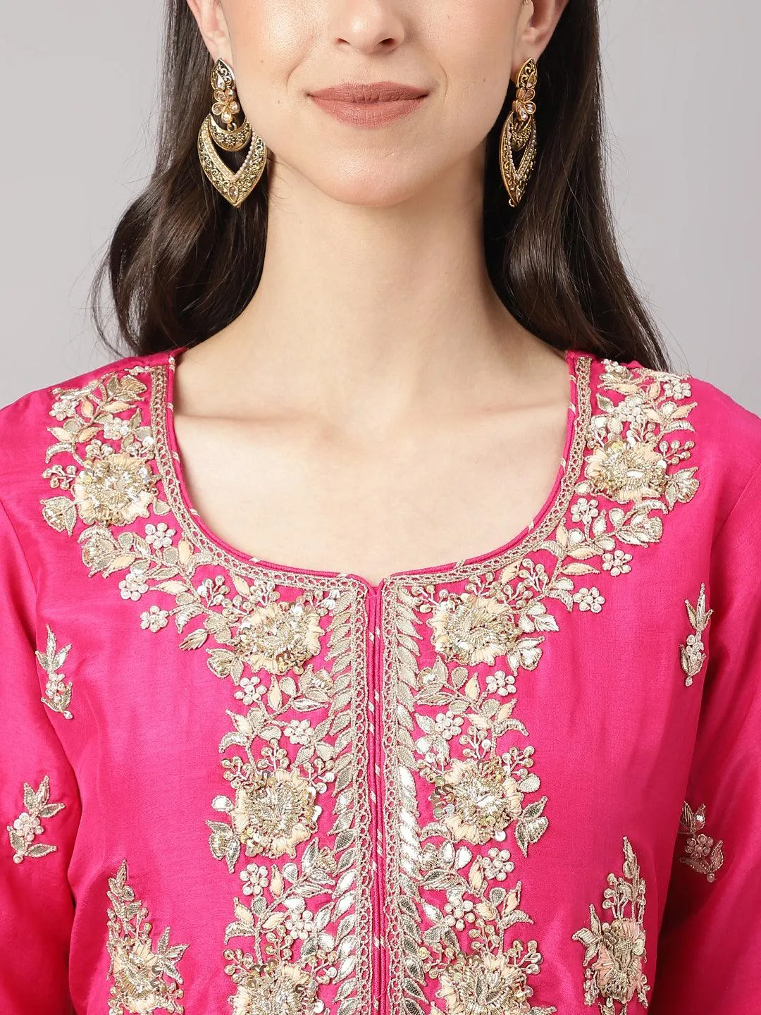 Dark Pink Russian Silk Hand Embroidery Kurta Sharara With Organza Dupatta