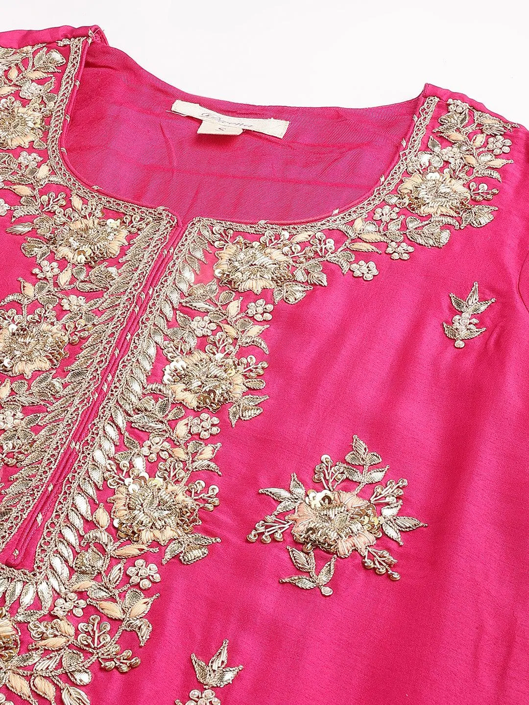 Dark Pink Russian Silk Hand Embroidery Kurta Sharara With Organza Dupatta