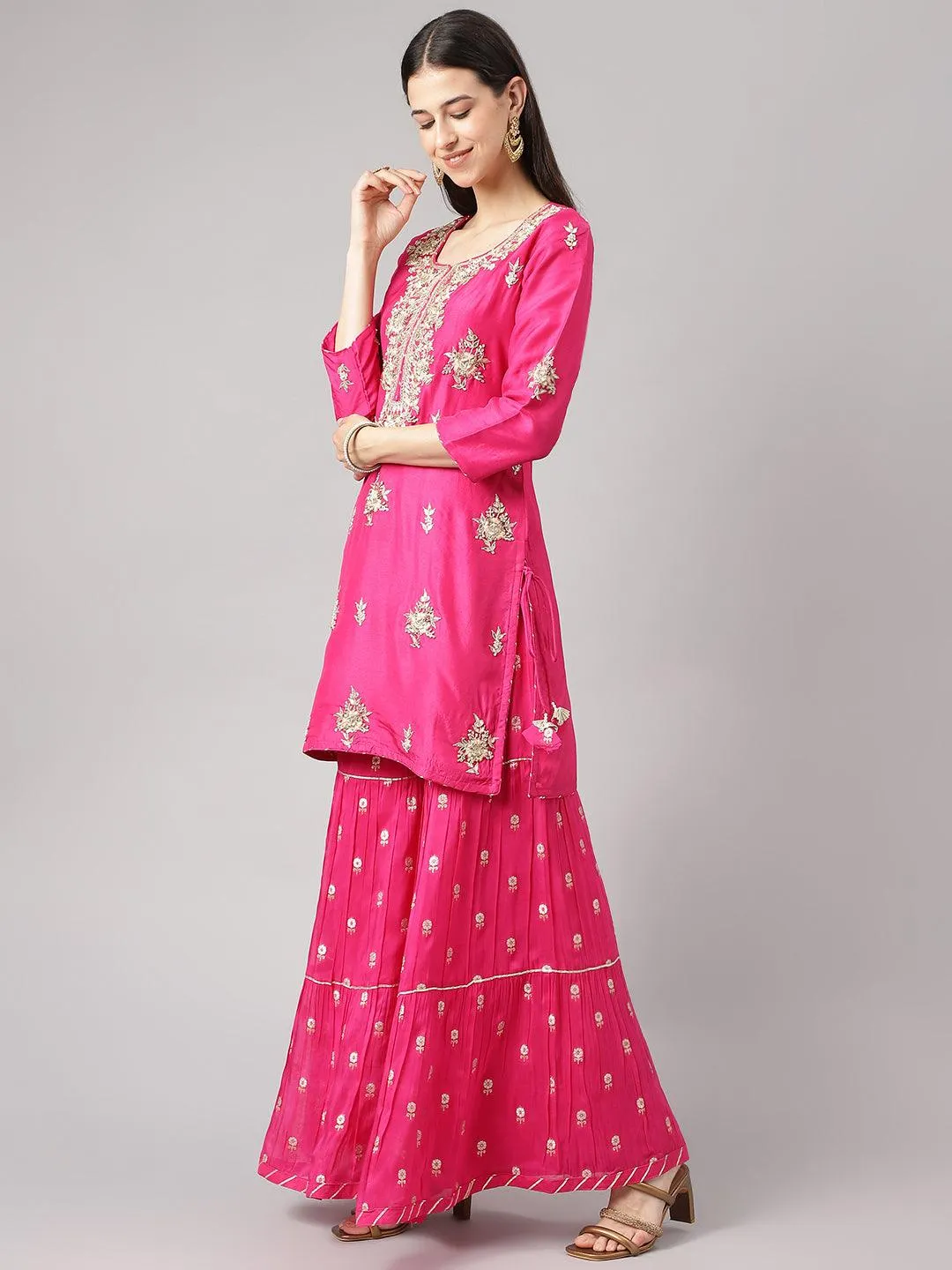 Dark Pink Russian Silk Hand Embroidery Kurta Sharara With Organza Dupatta