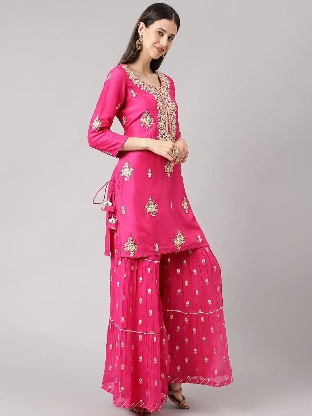 Dark Pink Russian Silk Hand Embroidery Kurta Sharara With Organza Dupatta