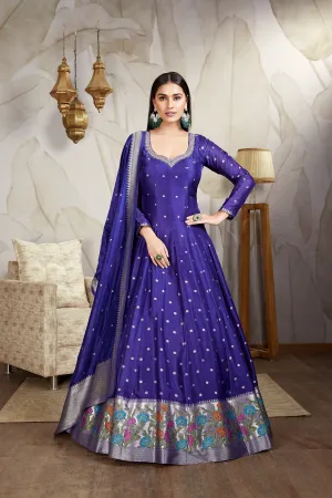 Deep Blue Floral Printed Raw Silk Anarkali Set