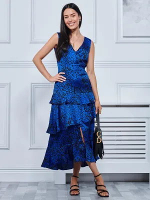 Della Crepe Frill Hem Maxi Dress, Blue Leopard