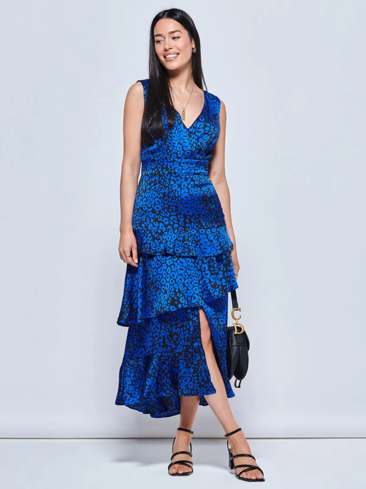 Della Crepe Frill Hem Maxi Dress, Blue Leopard