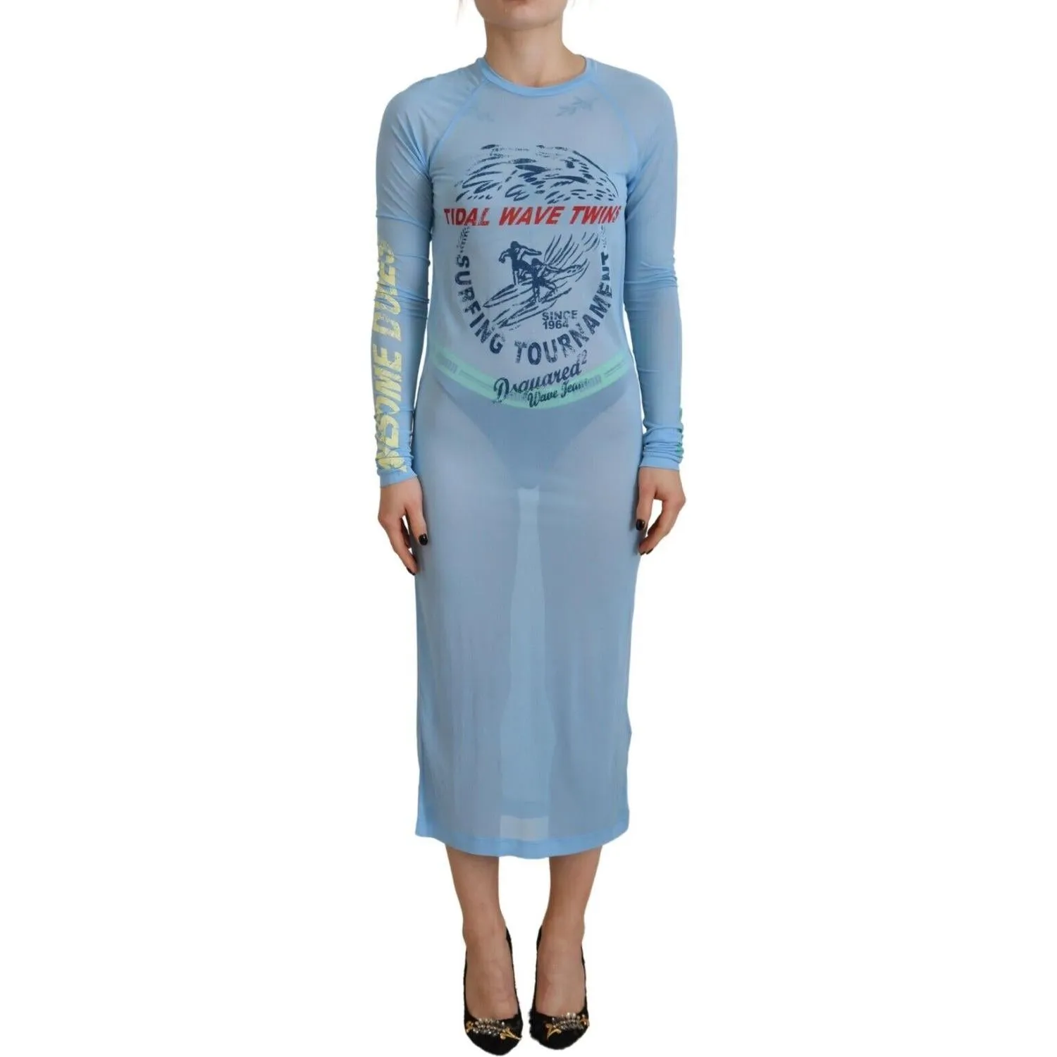 Dsquared² Blue Printed Viscose Long Sleeves Cover Up Dress