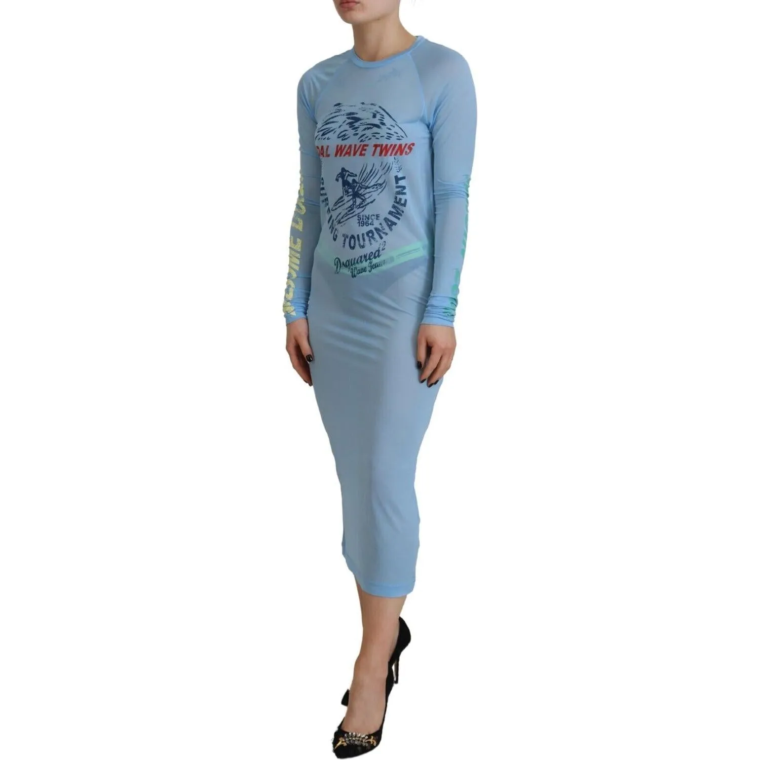 Dsquared² Blue Printed Viscose Long Sleeves Cover Up Dress