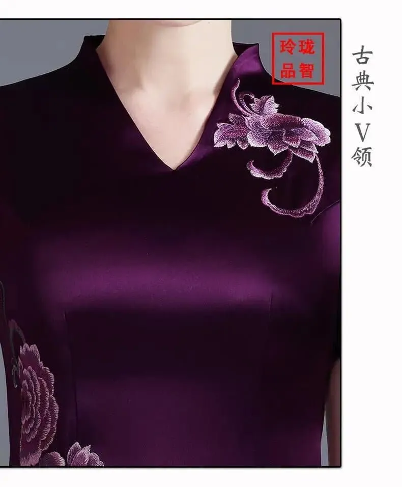 Elegant Silk Cheongsam Summer Dress - Mid-Calf Length - Women's Fashion