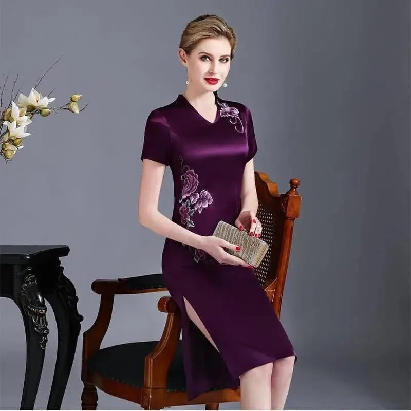 Elegant Silk Cheongsam Summer Dress - Mid-Calf Length - Women's Fashion