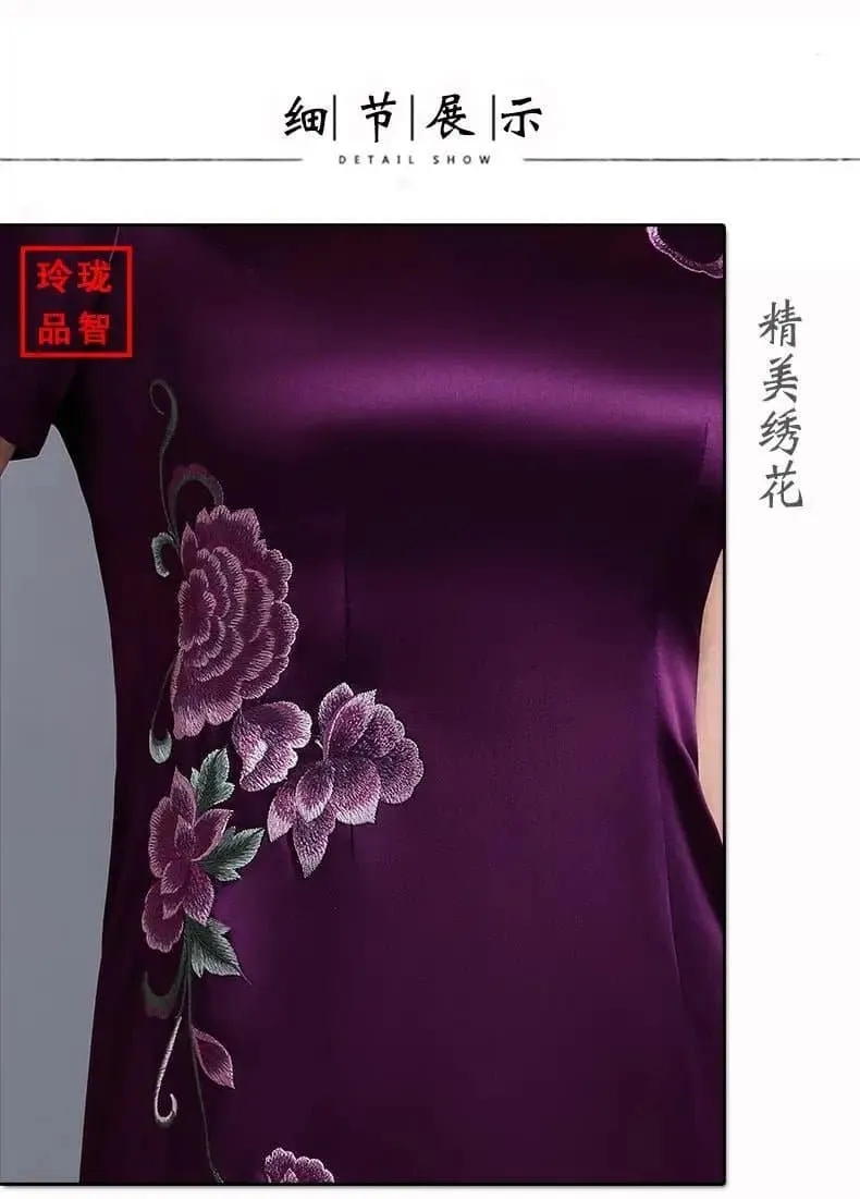 Elegant Silk Cheongsam Summer Dress - Mid-Calf Length - Women's Fashion