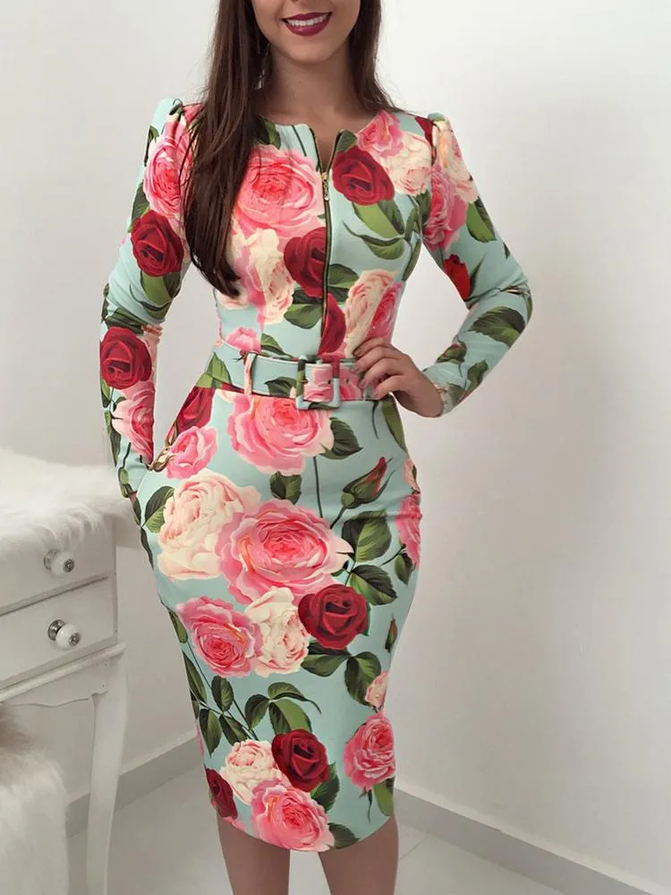 Fashion Atmospheric Round Neck Rose Printed Long Sleeve Bodycon Dresses