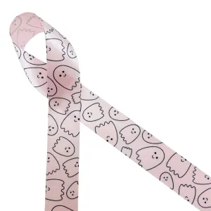 Ghost ribbon cute ghost with a happy smile outlined in black printed on 7/8" light pink satin