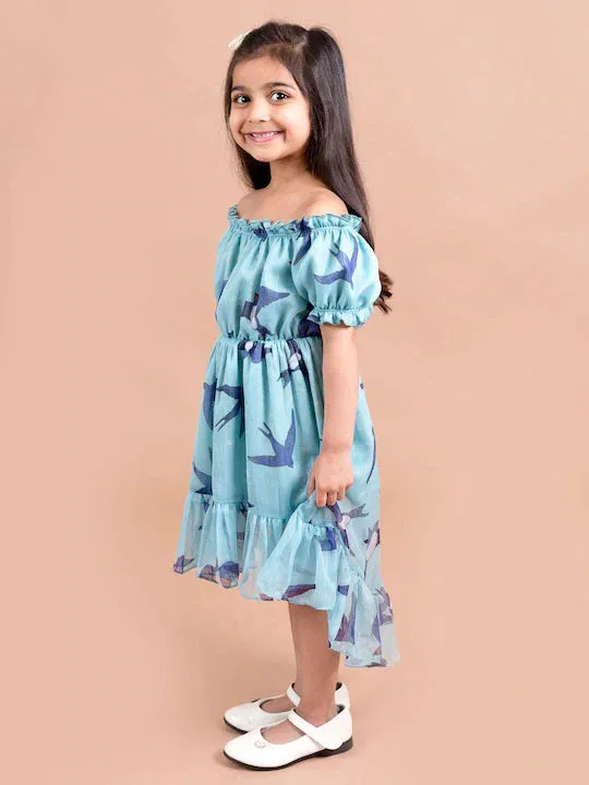 Girls Blue Conversational Printed Off-Shoulder High-Low Fit Flare Dress