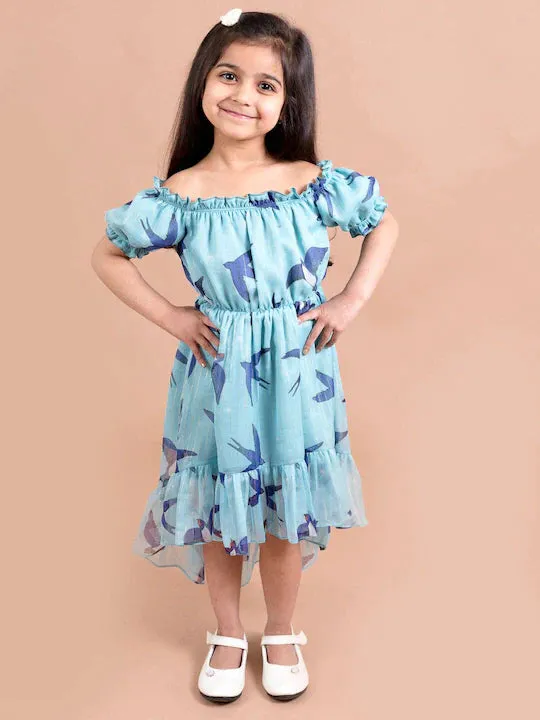 Girls Blue Conversational Printed Off-Shoulder High-Low Fit Flare Dress