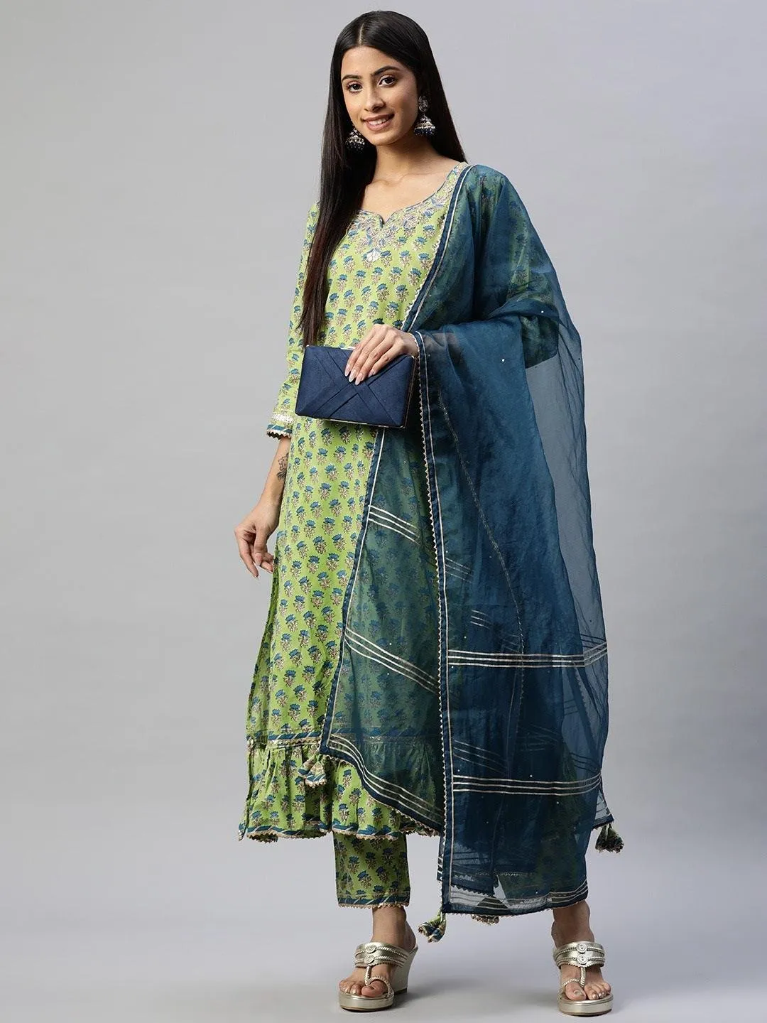 Green Cotton Hand Block Printed Kurta Pant Set With Dupatta