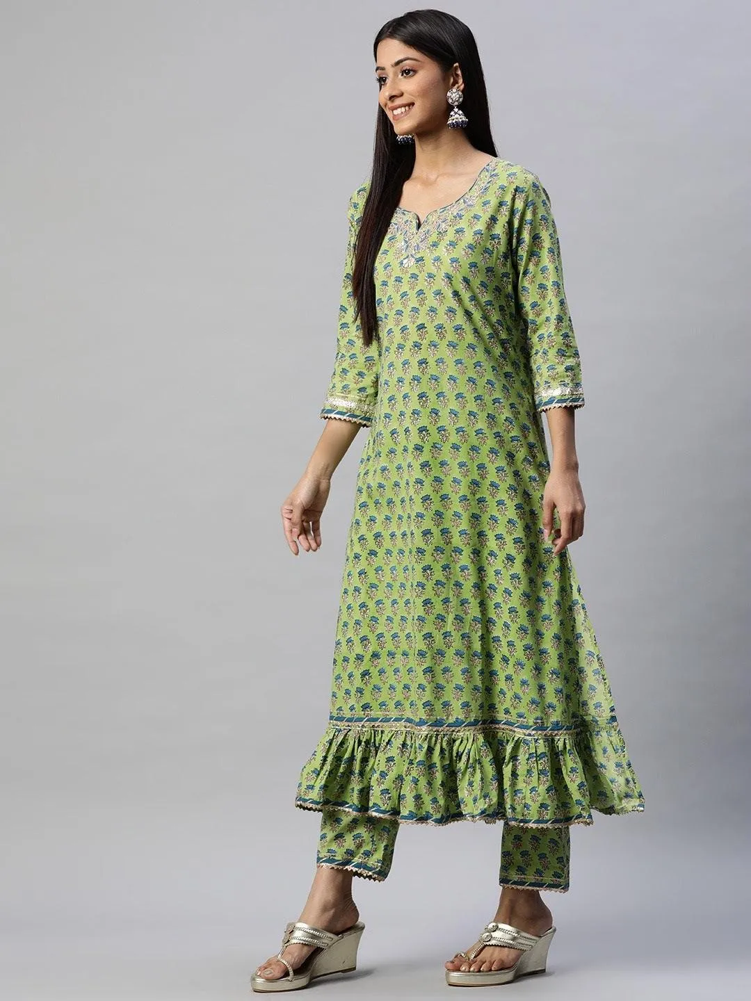 Green Cotton Hand Block Printed Kurta Pant Set With Dupatta