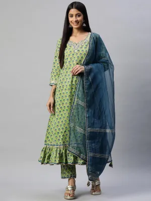 Green Cotton Hand Block Printed Kurta Pant Set With Dupatta