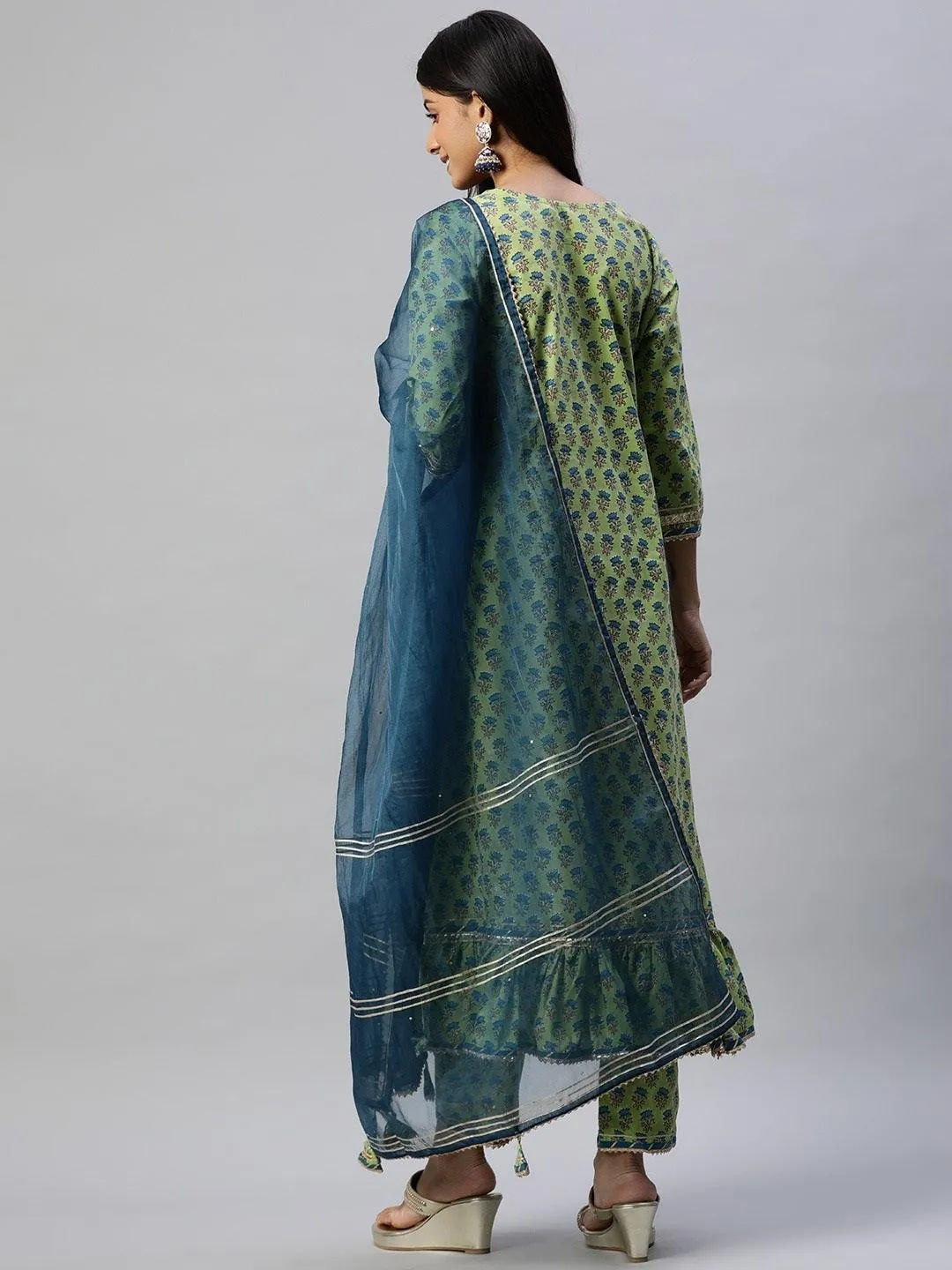 Green Cotton Hand Block Printed Kurta Pant Set With Dupatta